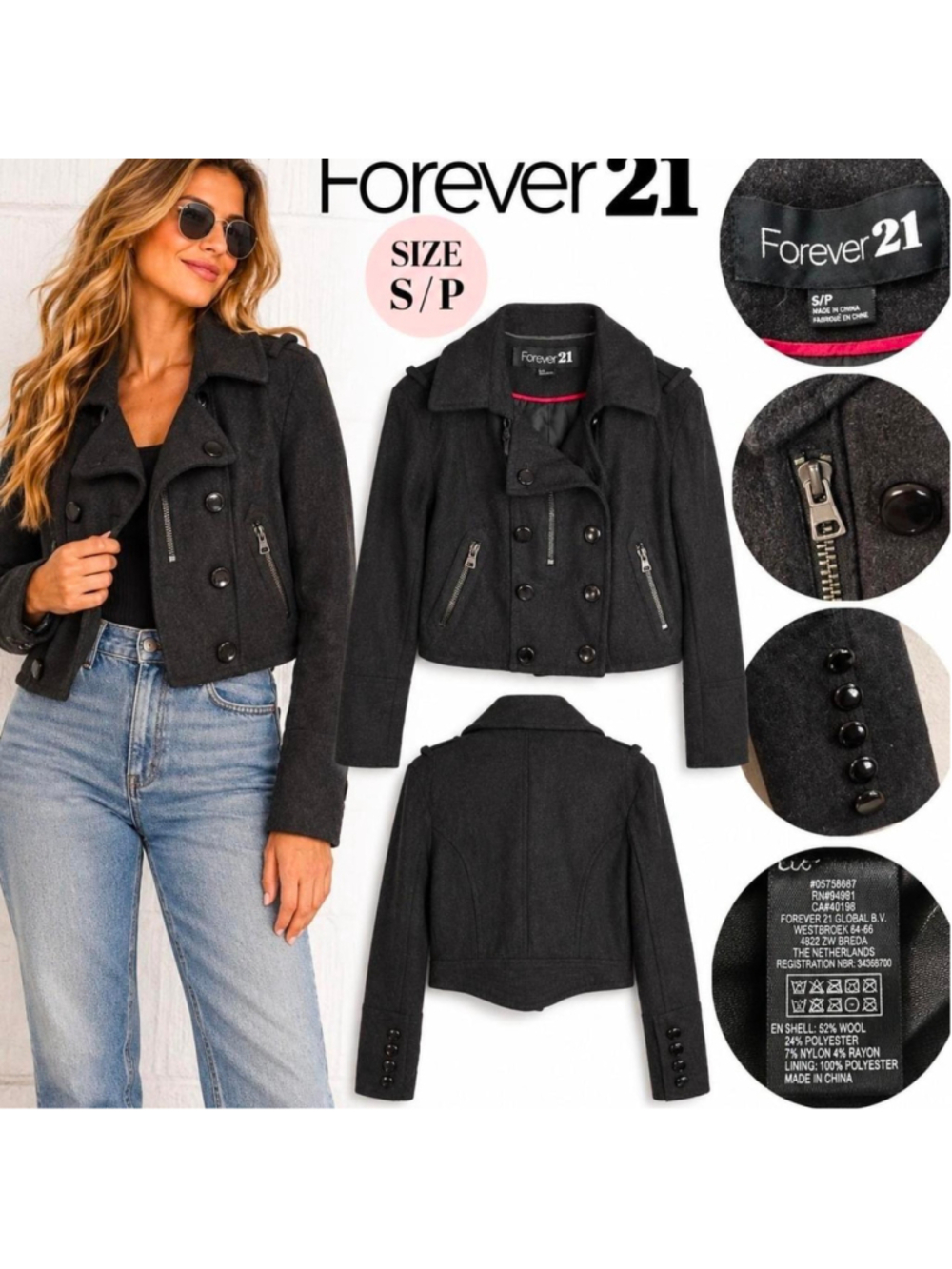 Forever 21 Charcoal Gray Cropped Wool Blend Moto Jacket Small